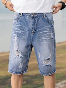 Teenage Boys' Casual Campus Fashion Straight Leg Denim Shorts, Versatile Streetwear - Light Wash - View 4