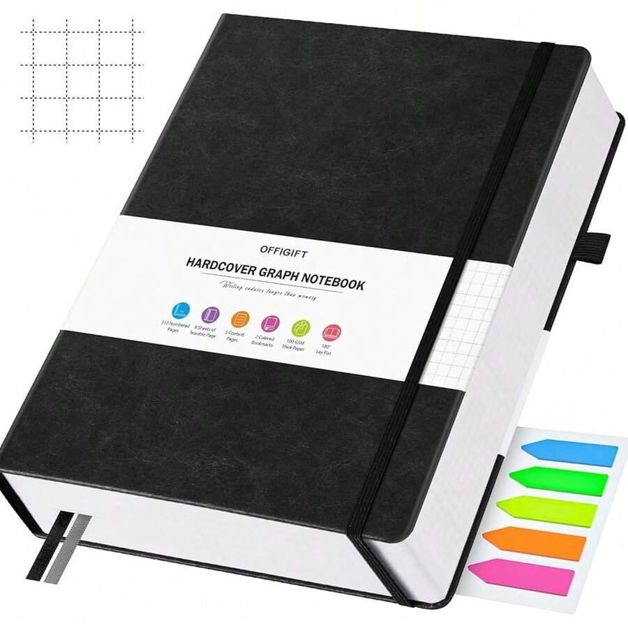Graph Paper Notebook, 312 NFUmberssed Pages Large A5 Hardcover Leather Journal, 100gsm No Bleed Grid Paper Notebook With Index Pages, Grid Notebook For Graphing Notes Math, 5.75\ X 8.38\, Black - Black - View 1