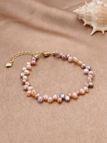 1pc 18K Gold Plated Natural Asymmetrical Pearl Teardrop Anklet, Mother's Day, Valentine's Day, Birthday, Wedding, Engagement, Bridal Gift - Pink - View 5