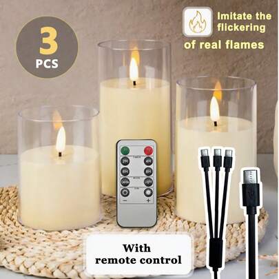 3 件套可充电无焰蜡烛灯，带闪烁灯芯，暖白色电池供电蜡烛，亮度可调，带定时器遥控器，非常适合万圣节、情人节、圣诞节、婚礼、派对、家居装饰（直径 3 英寸 X 高 4 英寸 5 英寸 6 英寸）