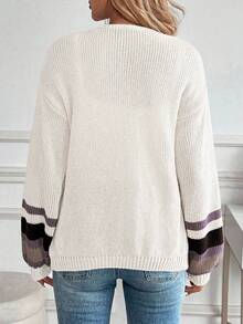 Women's Soft Colorblock Striped Lantern Sleeve Cardigan, Women's Spring Fashion Essential Knitted Sweater For Spring/Summer, Western Outfit & Valentine/Christmas/New Years Top, Women Curve-Flattering Holiday Gift - 白色 - 查看 2