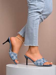 2026早春新款女士细跟露趾穆勒鞋，浅蓝色牛仔格纹流苏高跟凉鞋 - 淺藍色 - 查看 3