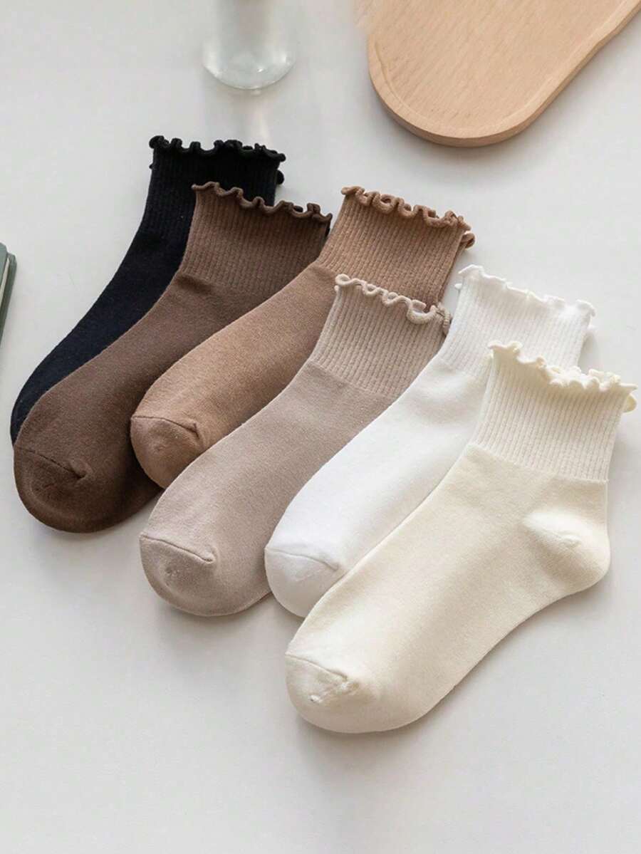 6 Pairs Women's Ruffle Trim Solid Color Socks, Soft & Comfortable, Suitable For Daily, Holiday, Outdoor Wear, All Seasons, Fall - Type a - View 1