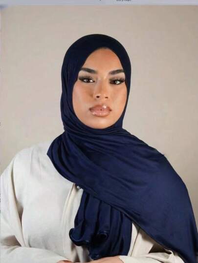 1pc Women's Casual Solid Color Soft Modal Frill Trim Headscarf, Conservative Plain Hijab Scarf Suitable For Daily Use