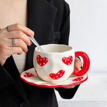 釉下彩陶瓷手绘咖啡杯碟套装，高品质可爱拉花马克杯碟套装 - 彩色 - 查看 19