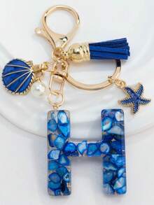 1PC Boho Nautical 26-Letter Resin Keychain - Blue & Golden Initial Pendant With Starfish/Shell/Tassel Charms, Fashionable Key Ring & Couple Bag/Backpack/Beach Bag Charm, Ideal Holiday Gift For Valentine's Day/Birthdays/Parties - Royal Blue - View 33