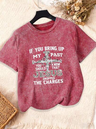 Summer Tops Plus Size Regular Sleeve Short Sleeve Tee Washed Effect Knitted Fabric Round Neck Christian Graphic Graphic Tees Women Summer Outfits For Women