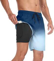 Mens Swim Trunks With Compression Liner Inch Inseam Quick Dry 2 In 1 Beach Board Shorts With Pockets S-3XLA Valentine's Day 9FML - C Gradient Blue - View 1