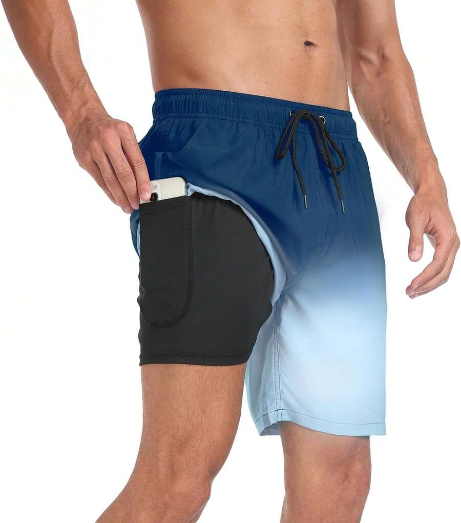 Mens Swim Trunks With Compression Liner Inch Inseam Quick Dry 2 In 1 Beach Board Shorts With Pockets S-3XLA Valentine's Day 9FML - C Gradient Blue - View 1