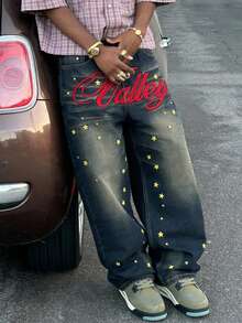 Quần jeans nam ống đứng dáng rộng, thêu họa tiết ngôi sao vàng, hiệu ứng bạc màu, thích hợp mặc hàng ngày. - Rửa tối - Xem 3