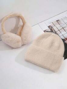 1顶米色针织帽 + 1副可折叠毛绒耳罩，女士可爱保暖耳罩，可调节头带，抓绒内衬，男女通用冬季保暖耳罩 - 1pc耳罩+1pc針織帽 米色 - 查看 8