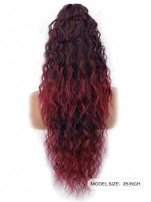 28 Inch Long Wavy Curly Ponytail Clip-In Hair Extensions, Multi-Layer Heat Resistant Synthetic Fiber, Wavy Curly Heat Resistant Fiber Wig, Unisex, Easy To Wear, Black Brown Long Extensions, Suitable For Parties And Daily Styling, Suitable For All Skin Tones, Basic Style, High Temperature Fiber, Natural Appearance - Red Ombre - View 3