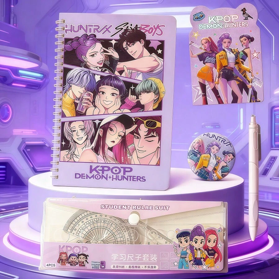 KPOP文具套装，实用文具，适合小学生，可作为学习奖励小礼物或纪念品，套装包含笔记本、圆珠笔、胸针、尺子及其他返校文具。 - 彩色 - 查看 1