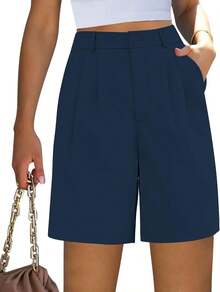 Bermuda Shorts Women Dressy Casual High Waisted Summer Work Elastic Waist Pleated Dress Shorts With PocketsA Valentine's Day U6EB - Màu xanh hải quân - Xem 1