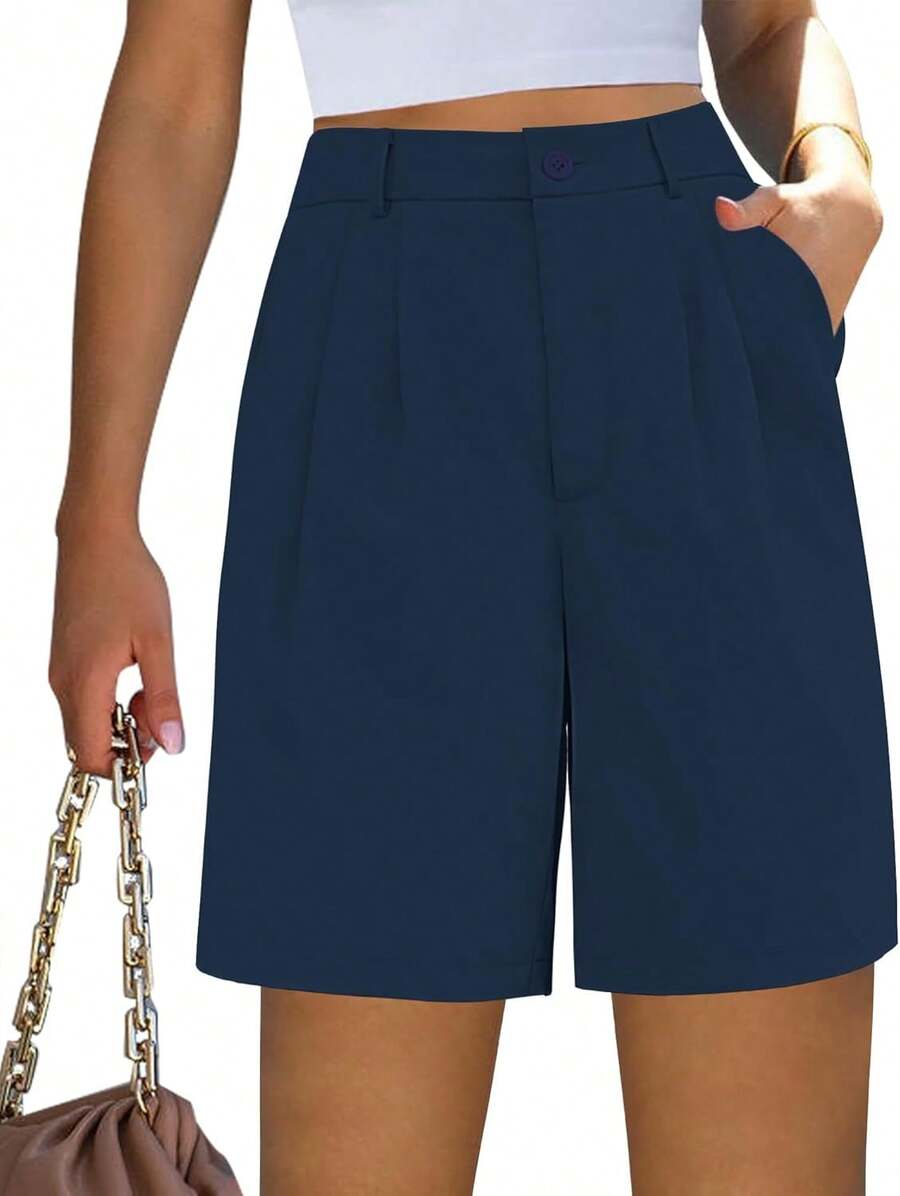 Bermuda Shorts Women Dressy Casual High Waisted Summer Work Elastic Waist Pleated Dress Shorts With PocketsA Valentine's Day U6EB - Màu xanh hải quân - Xem 1
