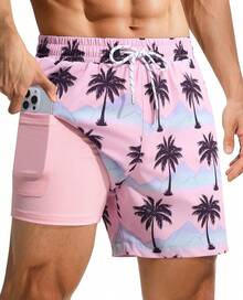 4inch Mens Swim Trunks: With Compression Liner Zipper Pocket Drawstring Quick Dry Stretch Lined Tree Beach PoolA Valentine's Day HZTD - Palmeras rosadas-1 - Ver 1