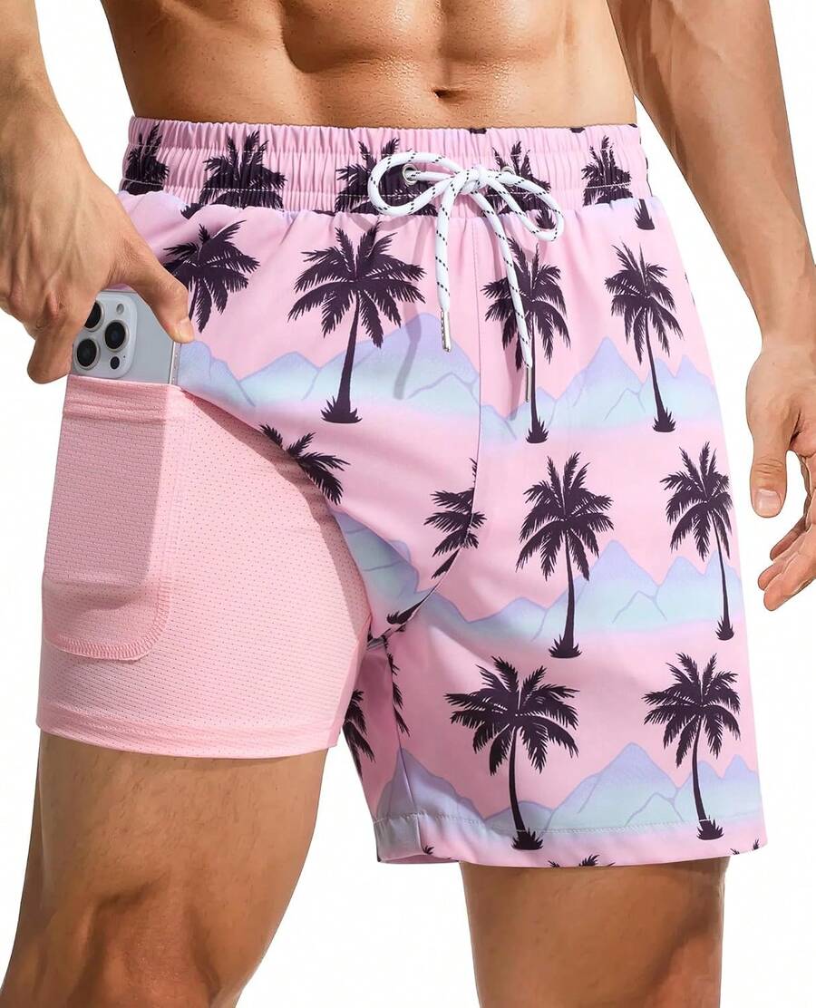 4inch Mens Swim Trunks: With Compression Liner Zipper Pocket Drawstring Quick Dry Stretch Lined Tree Beach PoolA Valentine's Day HZTD - Palmeras rosadas-1 - Ver 1