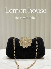 1 pieza Bolso de mano de noche elegante y brillante con volantes en negro, bolso de mano de mujer de moda y sofisticado, adecuado para ocasiones formales como bodas, fiestas, galas - Negro - Ver 2