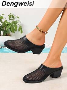 Black Mesh Patchwork Mid-Heel Round Toe Women's Sandals, Half-Slip Breathable Versatile Comfortable Summer Beach Resort Casual Office Commute Daily Wear Shoes - Black - View 1