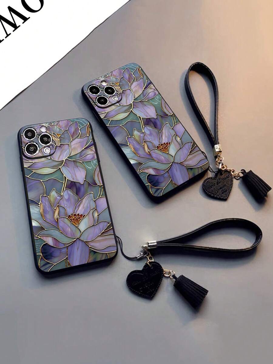 1pc Thick Anti-Drop Floral Painted Phone Case With Decorative Leather Heart Wrist Strap, DIY Pendant Charm, Compatible With IPhone 17pro/17Air /17/17promax16/11/16pro/16plus/16promax/16e, Galaxy S26/S26PLUS/S26 Ultra S25/S25PLUS/S25, Redmi - Multicolor - View 1