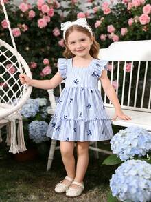 夏季新款女婴无袖背带连衣裙，清新蓝白条纹蝴蝶结设计，舒适休闲幼儿夏季连衣裙 - 藍色 - 查看 3