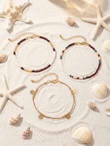 1pc Bohemian Style Multilayer Beaded Beach Anklet With Cowrie Shell For Summer Casual Style