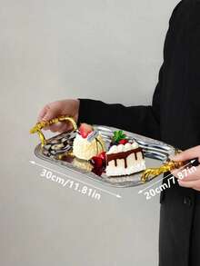 1pc French Style Gold Flower Handle Silver Stainless Steel Embossed Square Serving Tray, Luxury Fruit Plate, Cake Dessert Platter, Living Room Coffee Table Household Glass Rectangular Plate - Multicolor - View 15