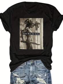 And Perseus-Shirt, Shirt, Women's Empowerment Shirt, Printed-Shirt, Casual Round Neck Short Sleeve Design, Fashionable And Versatile, Spring Summer Autumn Women's Wear - Black - View 6