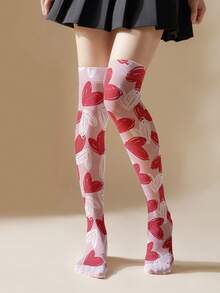 1/2 Pair Women's Thin Heart Pattern Over-The-Knee Stockings, 360 Printed, Lightweight & Breathable, Leg-Shaping, Sweet & Cool Style, Essential For Party Outfits, Adheres To Legs Without Falling, Girlish Vibe - Multicolor - View 4