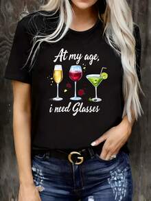 2026 Women's New Popular Casual T-Shirt At My Age I Need Glasses Wine Cocktail Shirt Women Funny Drink T-Shirt Casual Top For Women Birthday Gift Idea Fun Printed Round Neck Short Sleeved Women's T-Shirt Suitable For Sports Eventsholiday Partiesoutingssports And Other Holiday Gifts - 黑色 - 查看 4