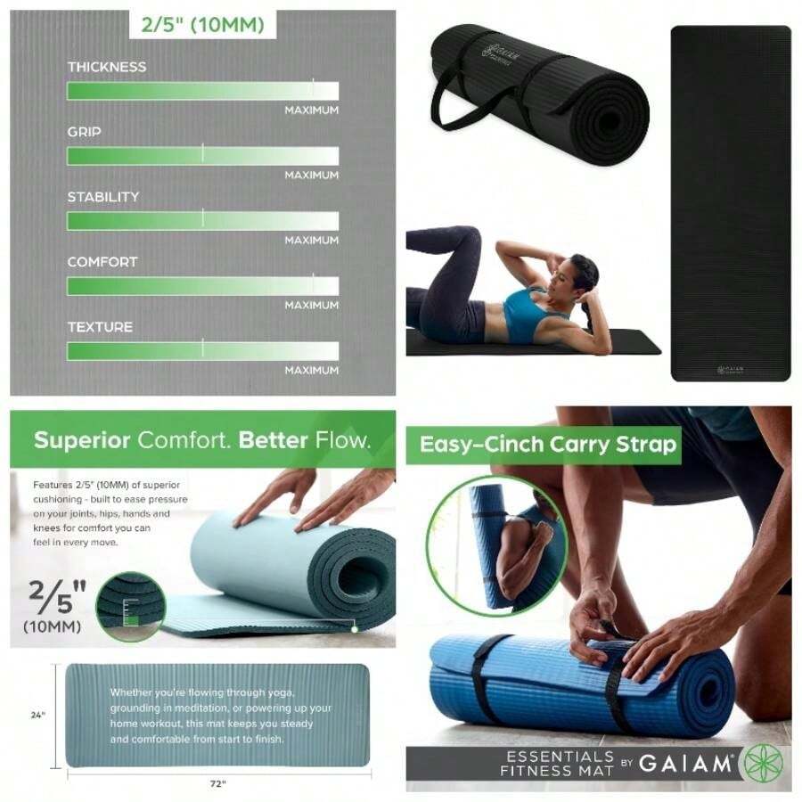 Essentials Thick Yoga Fitness Exercise With Easy - Cinch Yoga Strap, 72 InchLx 24 InchWx 2/5 Inch Thick - Black - View 1