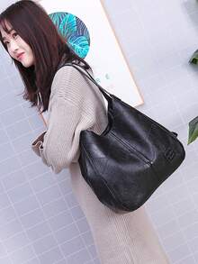 Bolso de hombro tipo cubo para mujer, bolso de mano de gran capacidad de moda minimalista, bolso de hombro de piel sintética suave, bolso con cremallera - Negro - Ver 2