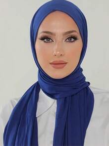 1pc Women's Casual Solid Color Soft Modal Frill Trim Headscarf, Conservative Plain Hijab Scarf Suitable For Daily Use - Navy Blue - View 4