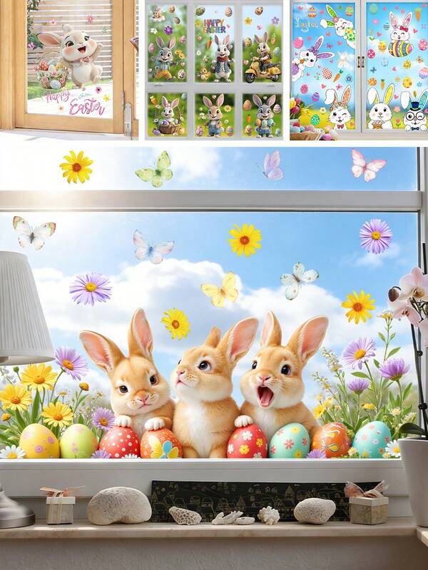 BRUP 1/2/6 Pcs/Set Spring Easter Window Decor Static Cling Stickers Rabbits Eggs Butterflies Floral Pattern No Glue Home Kids Playroom Party Window Decals