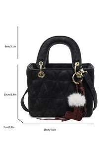 1个女士手提包，优雅女包，卡其色菱形刺绣哑光PU皮革黑色包包，带可爱吊坠和肩带 - 黑色 - 查看 8