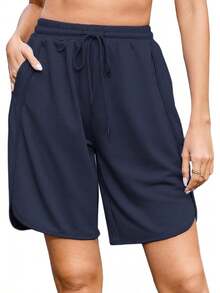 Quenteen Women's Sweat Shorts Bermuda Long Shorts Athletic Casual Loose Cotton Shorts (Available In Plus Size)A Valentine's Day 46QM - 藏蓝色 - 查看 1