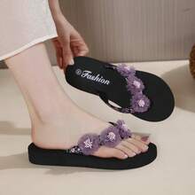 Osa 3D立体花卉女士人字拖，紫色网眼花朵时尚百搭轻便舒适沙滩凉鞋 - 黑色 - 查看 5