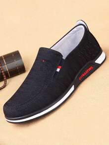 2026新款男士休闲鞋，舒适透气布面鞋，圆头套脚鞋，轻便软底刺绣商务休闲鞋 - 黑色 - 查看 4