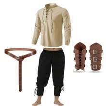 Renaissance Period Costume Set For Men; Pirate Shirt With Lace-Up Pants Set; Medieval Pirate Shirt With Lace-Up Pants