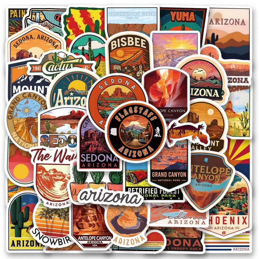 61张亚利桑那州贴纸套装 | 高品质美观贴纸，艺术手工装饰贴纸，可用于水瓶、平板电脑、剪贴簿、日记本、笔记本电脑、保险杠、滑板、行李箱、装饰纸、冰箱、汽车、计划本、奖励贴纸 - 彩色 - 查看 1