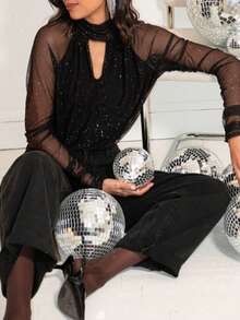 Camiseta de manga larga con malla brillante de strass y recortes, adecuada para citas, uso diario, fiestas de cumpleaños, principios de primavera - Negro - Ver 7