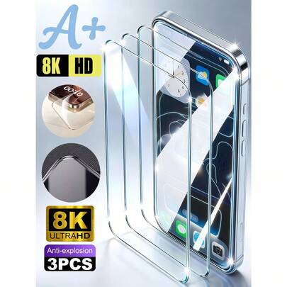 3pcs A+ Grade Ultra-Clear Tempered Glass Screen Protector, Applicable For IPhone 17 Air 16 Pro Max 15 Plus 14 13 12 11 XR XS X, 9H Hardness, No White Edges, Suitable For Phone Cases, Anti-Explosion, Anti-Scratch, Wear-Resistant, Self-Adsorption, Easy Installation