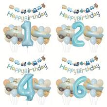 16pcs Matte Vintage Birthday Balloon Set, 32" White Number Balloons, Happy Birthday Garland Flags, Car, Bear, Airplane Foil Balloons For Birthday Party Decoration, Indoor, Outdoor, Gift,Christmas