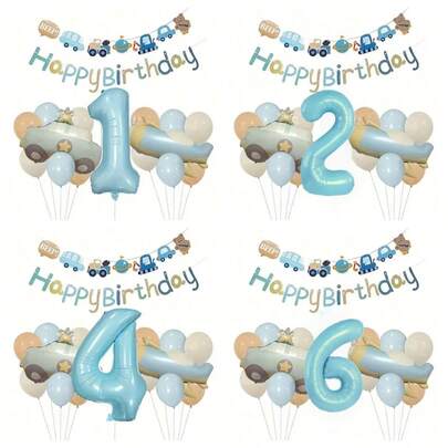 16pcs Matte Vintage Birthday Balloon Set, 32" White Number Balloons, Happy Birthday Garland Flags, Car, Bear, Airplane Foil Balloons For Birthday Party Decoration, Indoor, Outdoor, Gift,Christmas
