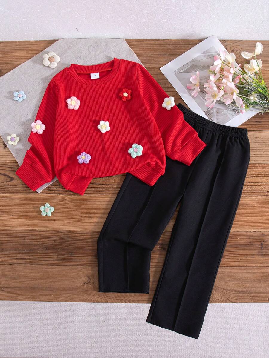 Bộ 2 món áo nỉ dài tay cổ tròn họa tiết hoa cho bé gái, thích hợp mặc mùa xuân/thu. - Đỏ - Xem 1