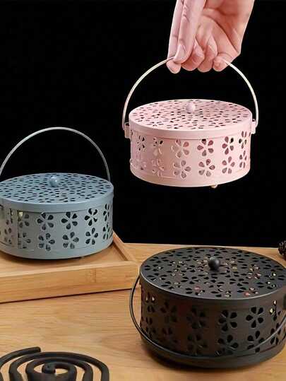 1pc Vintage Metal Mosquito Coil Burner, Mosquito Coil Holder, Portable Iron Incense Burner With Floral Pattern And Handle, Suitable For Home And Outdoor Use