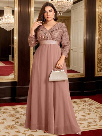 Doll V-Neck 3/4 Sleeve Sequin Patchwork Flare Hem Formal Dress