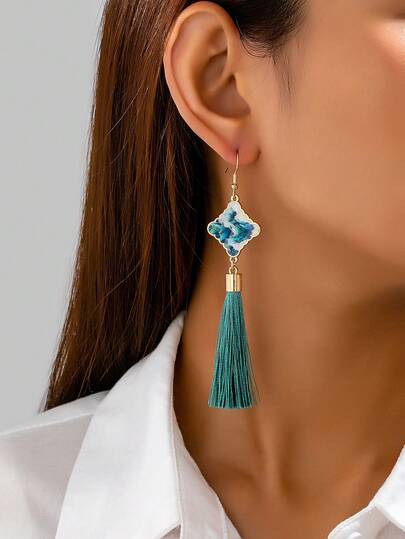 1 Pair Colorblock Blue Earrings, Vintage Chinese Style Tassel Dangle Earrings For Women