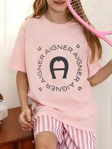 1pc Teenage Girls' Short Sleeve T-Shirt, Casual Summer Student Top With Slogan Graphic - Pink - View 2