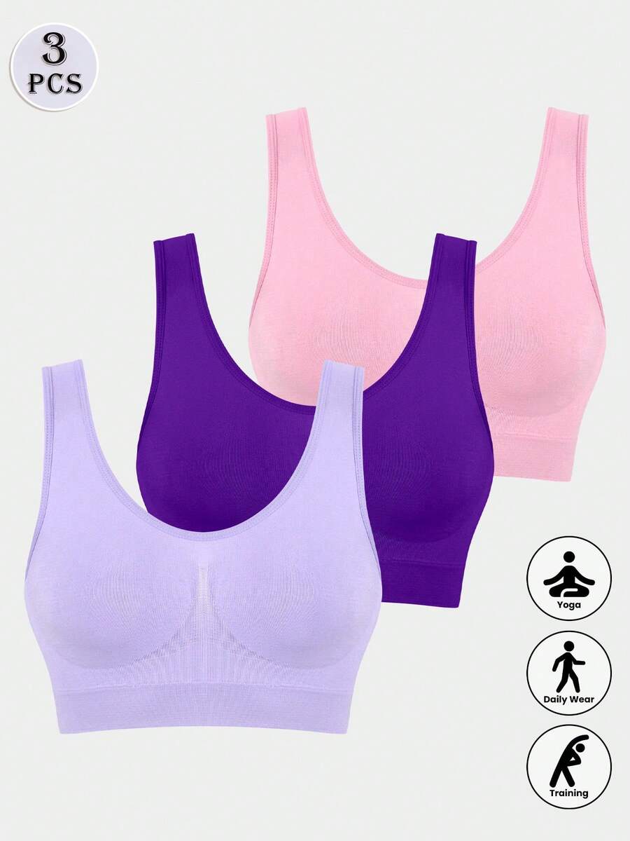 3 件装女士无缝舒适薄款无衬垫运动文胸内衣 - 彩色 - 查看 1